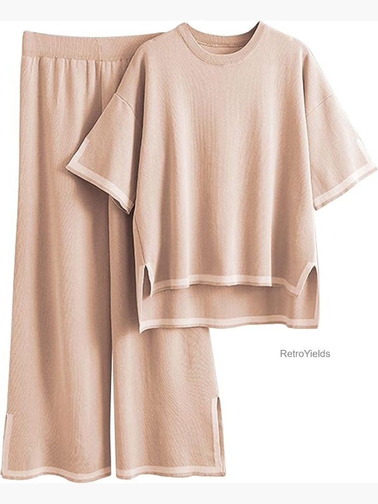Womens 2 Piece Lounge Sets Short Sleeve Knit Pullover Top Wide Leg Pants